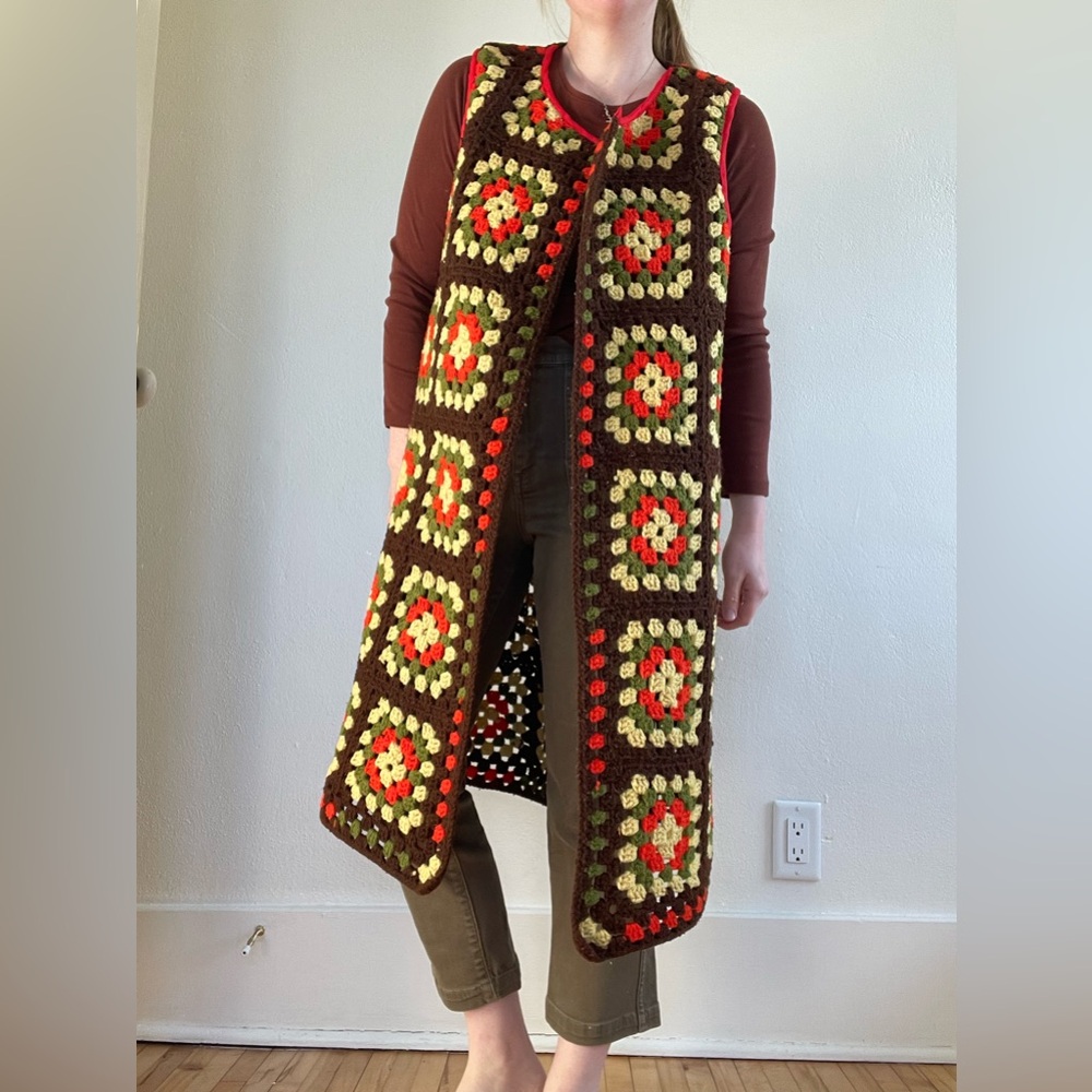 Handmade Crochet Granny Square Duster Vest in Brown & Lime